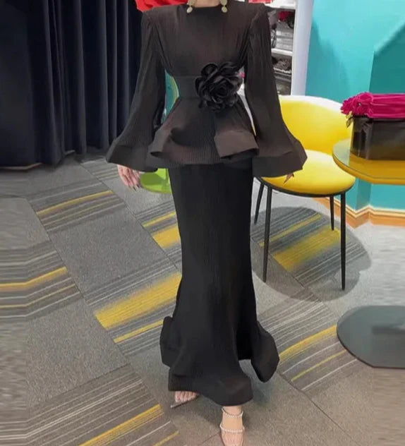 Pleated Puff Sleeve Ruffle Top & High Waist Mermaid Skirt Set