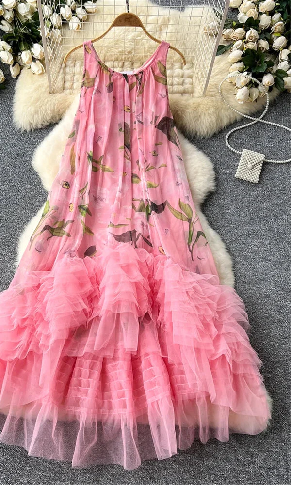 French Vintage Floral Print Dress w/Tulle Embellishment