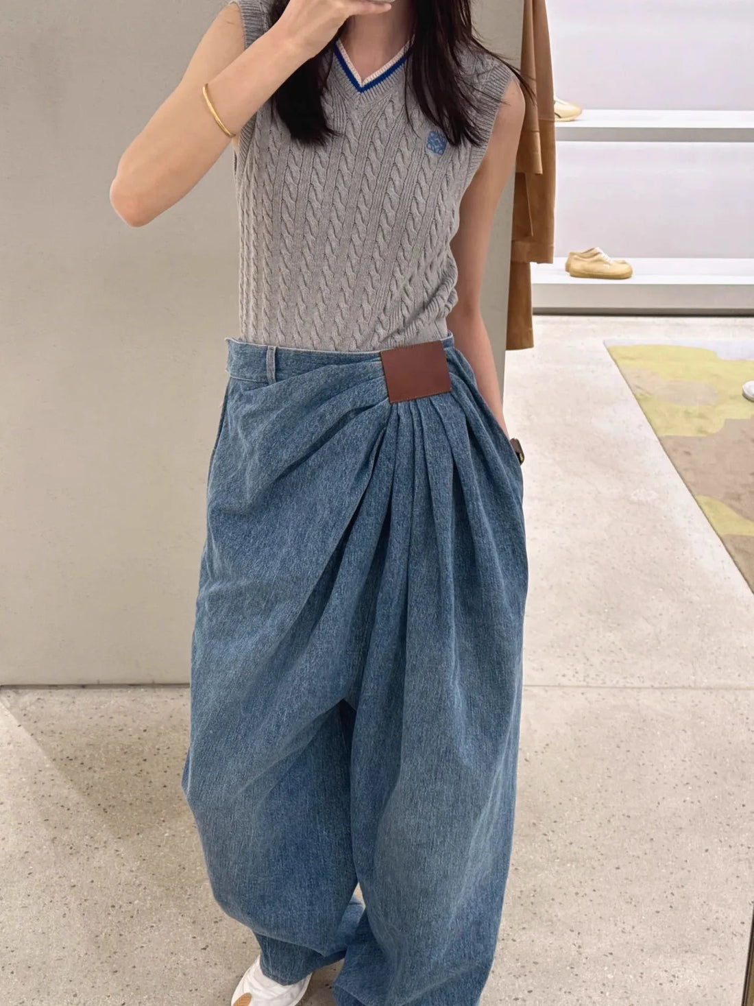 Ruched Waist Wide Leg Denim Trouser