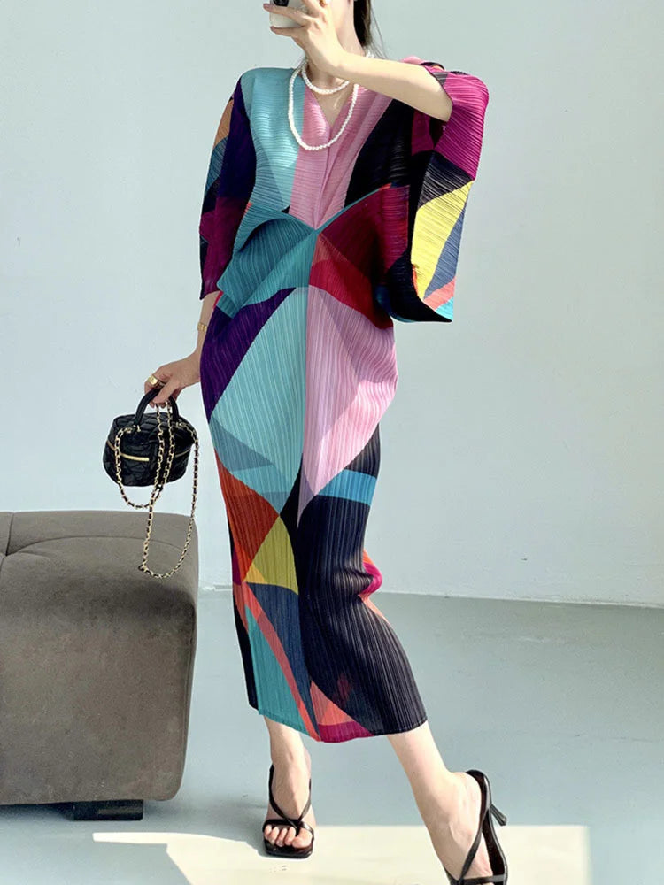 Miyake Color Block Pleated Batwing Sleeves Stretch Dress