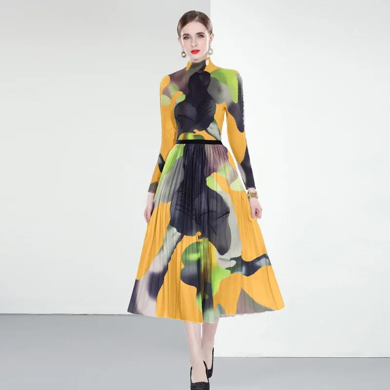 High Neck Abstract Print Midi Dress for Women