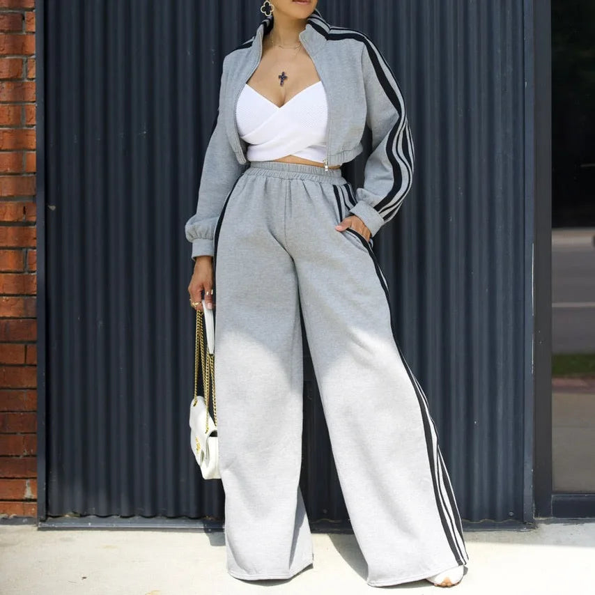 Two-Piece Tracksuit Set - Striped Side Jacket and Wide Leg Sweatpant