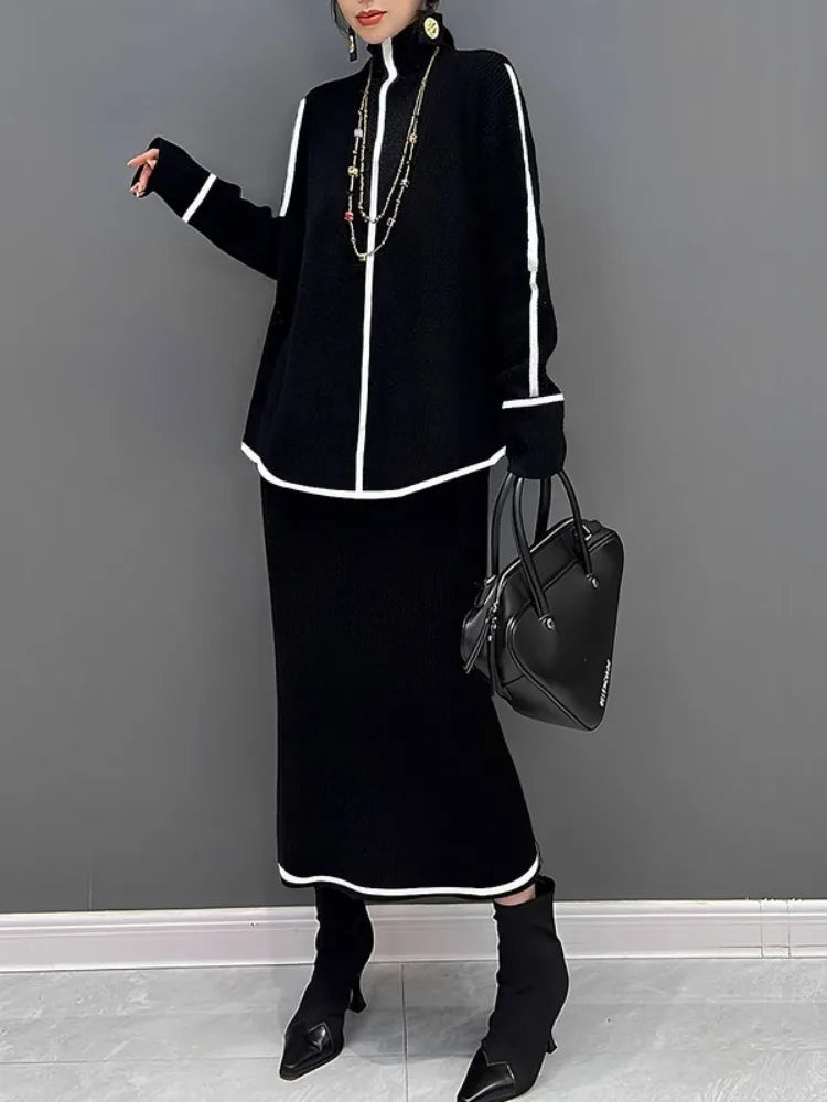 High Neck Contrast Color Striped Sweater for Women