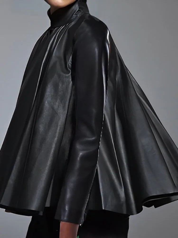 Black Faux Leather Stand Collar Pleated Top
