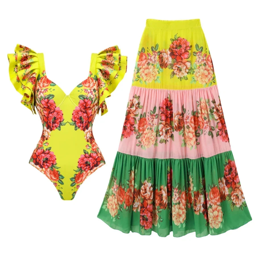 Ruffles Colorful Flower Print One Piece Swimsuit and skirt Swimwear