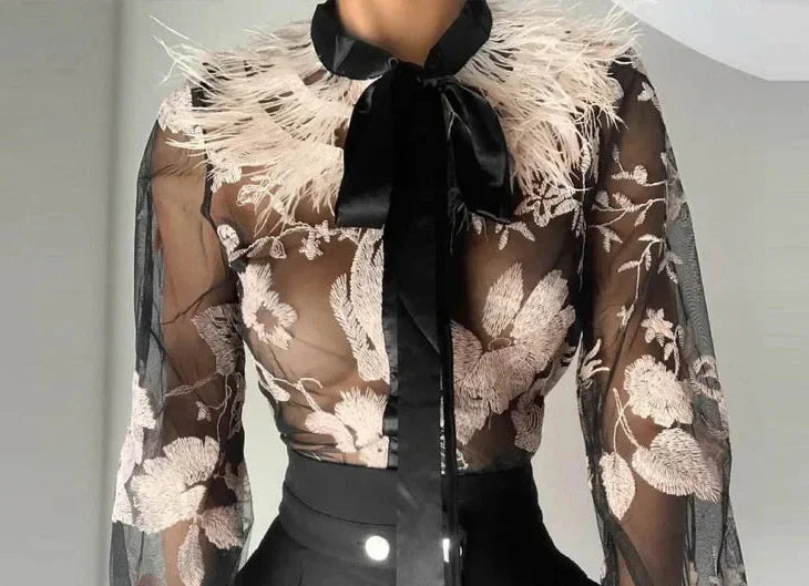 Mesh O-neck StitchedBow Blouse