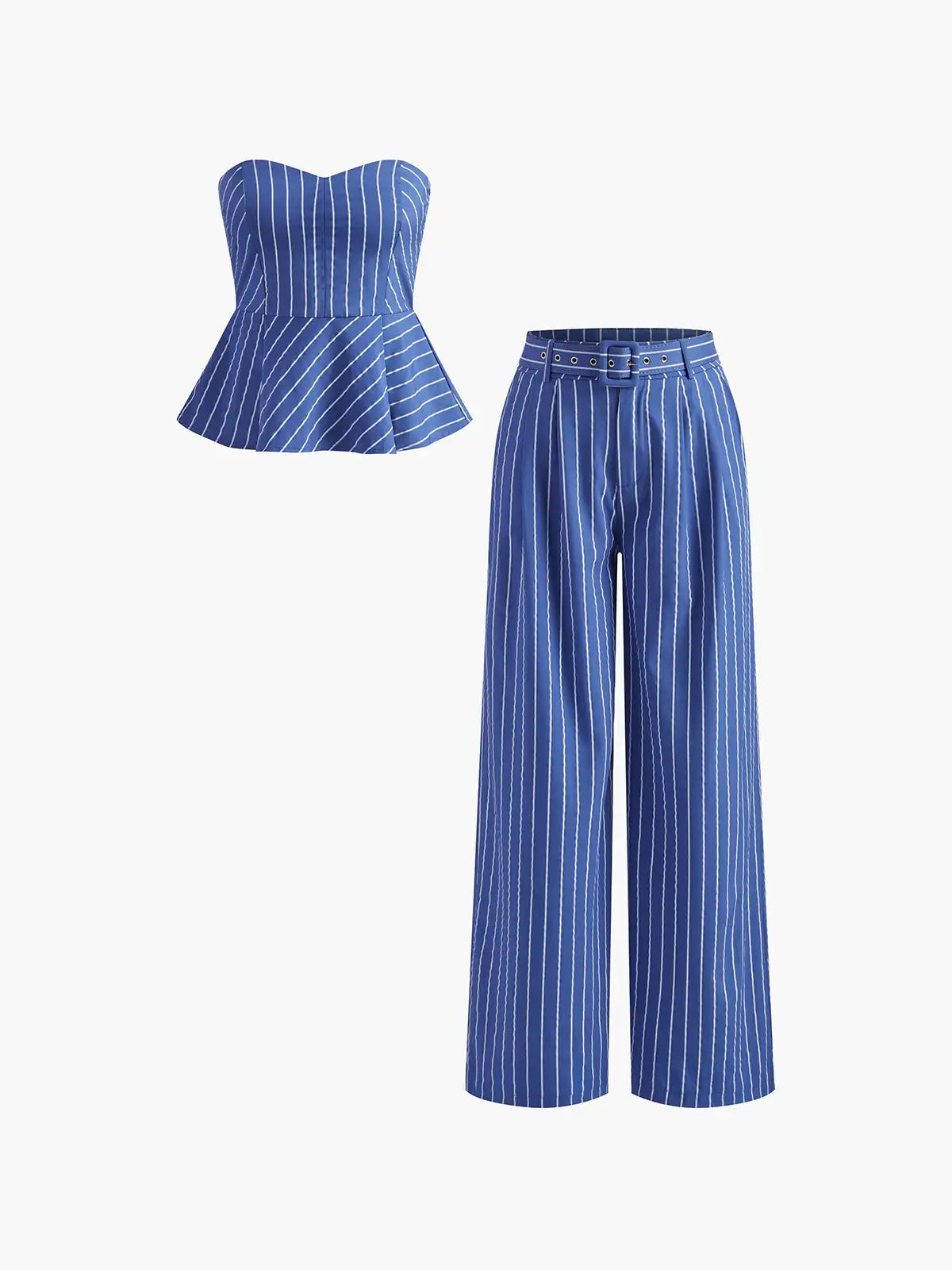 Pinstripe Belted  Wide Leg Pants Suit