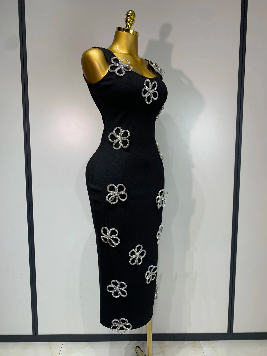 Diamonds Flower Black Long Bodycon Bandage Dress