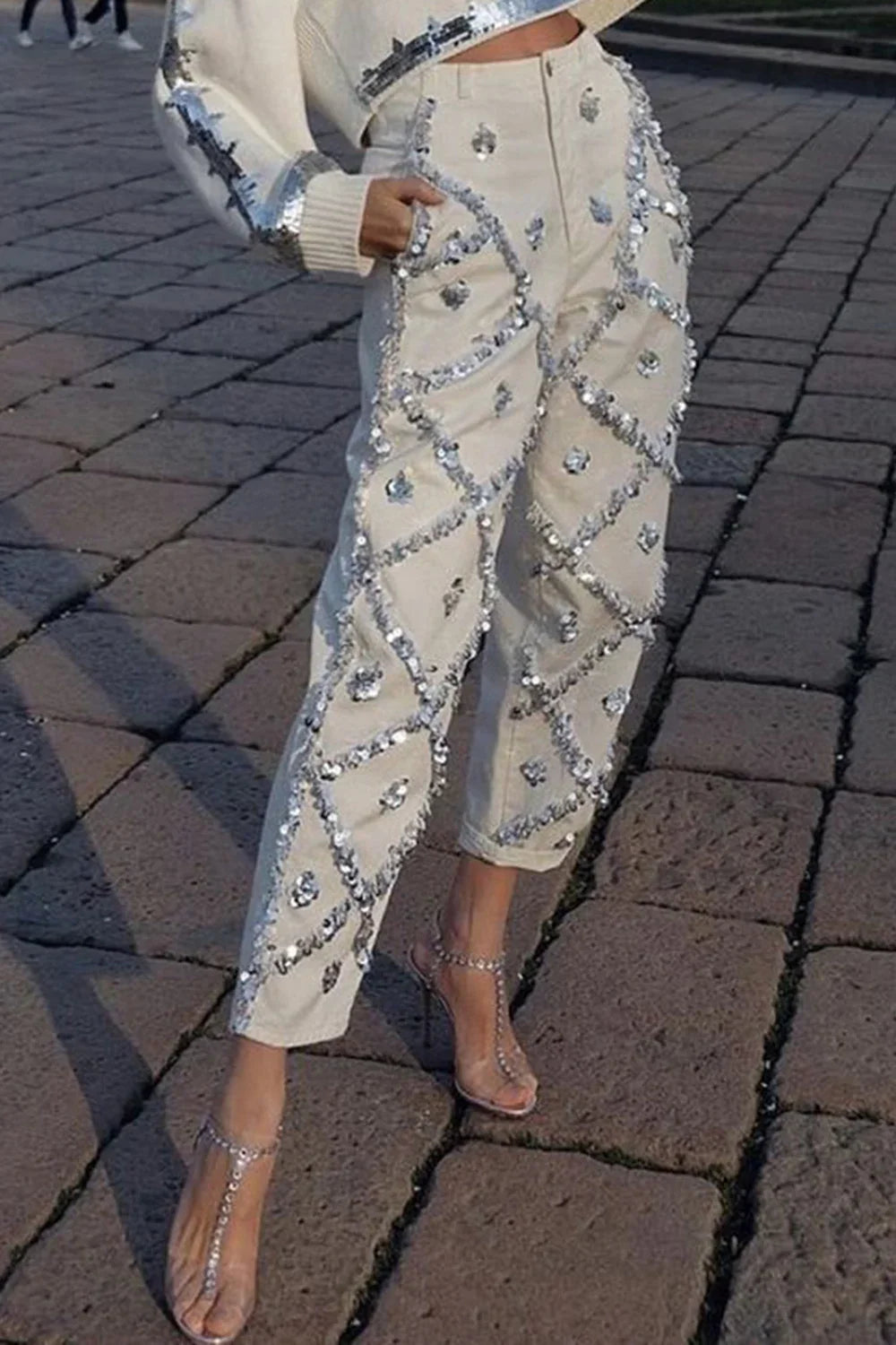 Sequin Denim Pencil Jeans High Waist Slim Fit