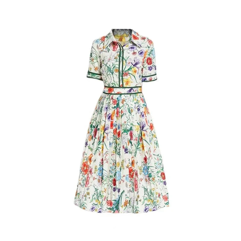 Floral Print Pleated Midi Dress with Turn-Down Collar