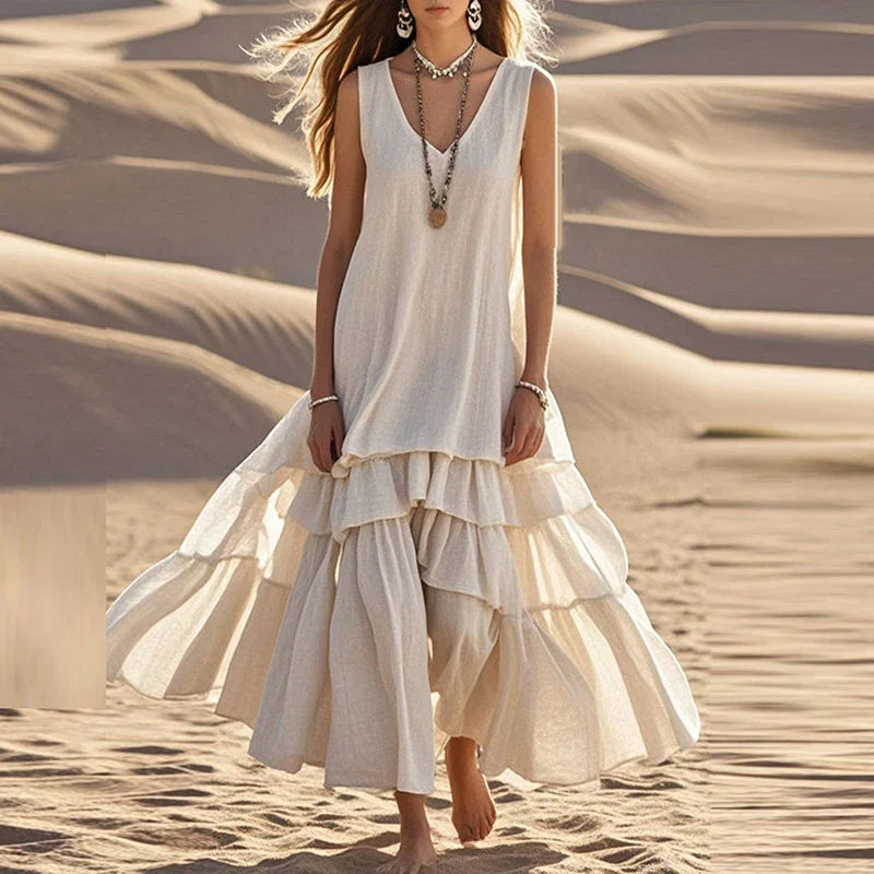 Linen Tiered Ruffle  Long Dress