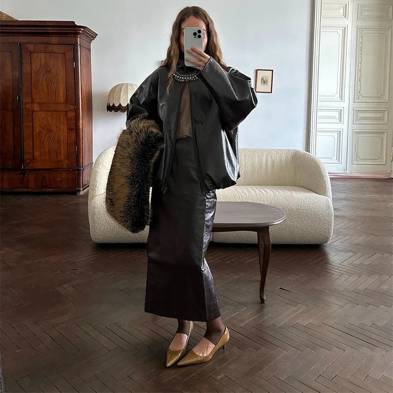 Faux Leather Jacket and Skirt Set