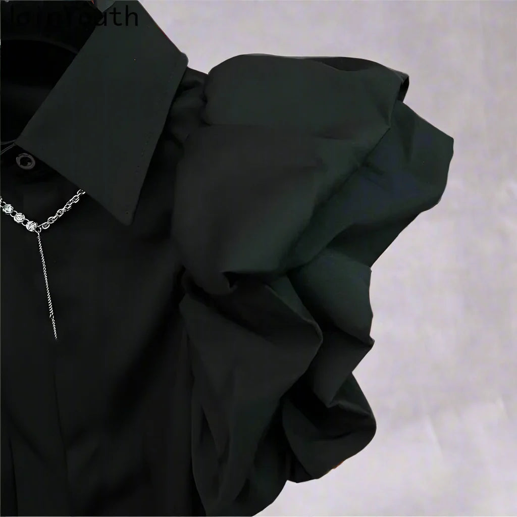 Exaggerated Ruffled Sleeve Black Slim Fit Blouses