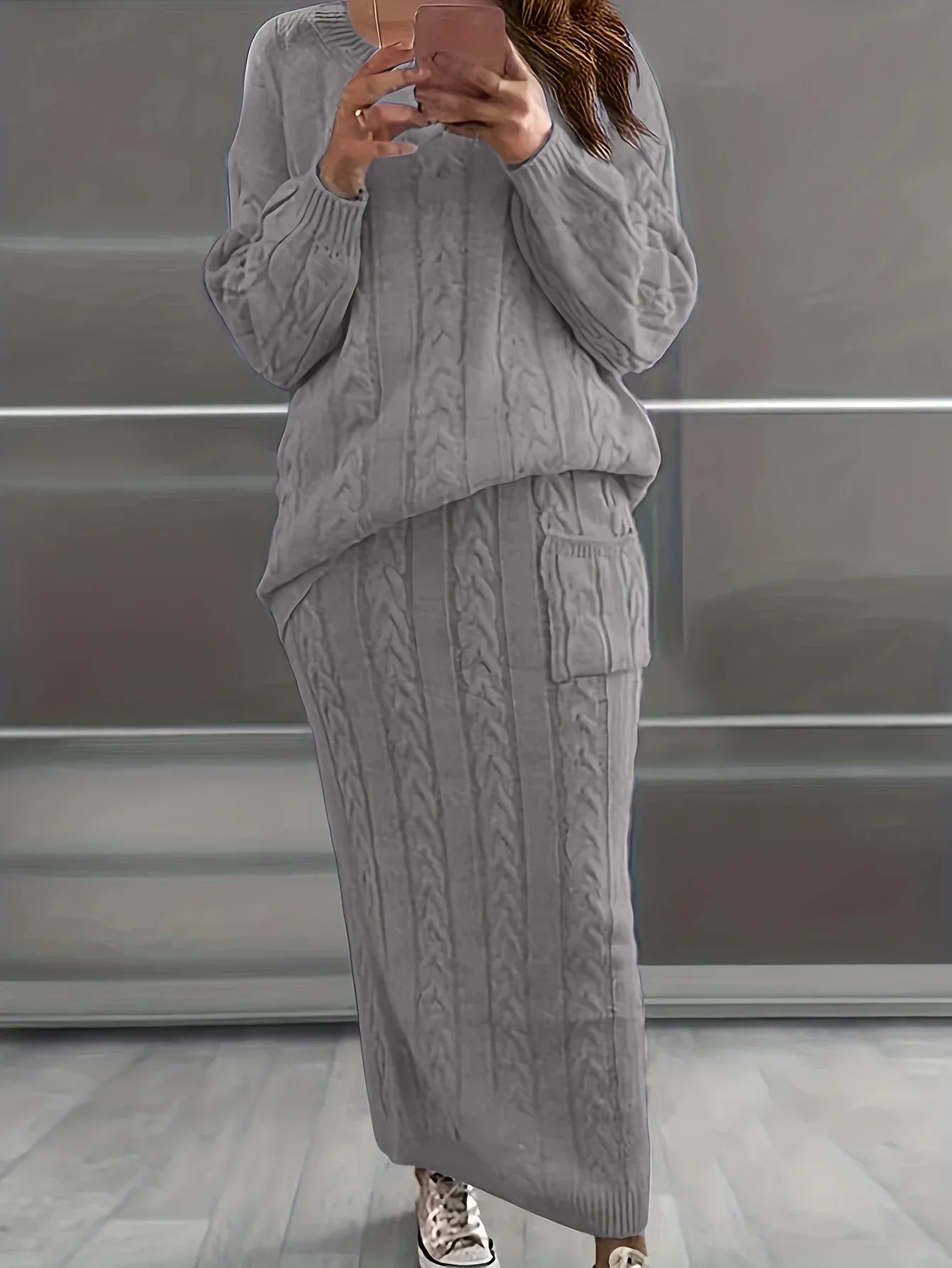 Solid Knitted Two Piece Skirt and Sweater Set for Women