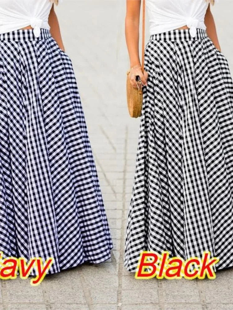 Pleated Bohemian Gingham Print A-Line Maxi Skirt with Pockets