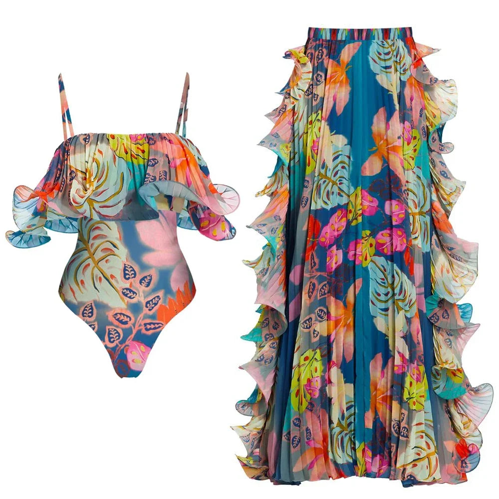 Flowers Printed One Piece Swimsuit and Skirt Beachwear Luxury Bathing Suit