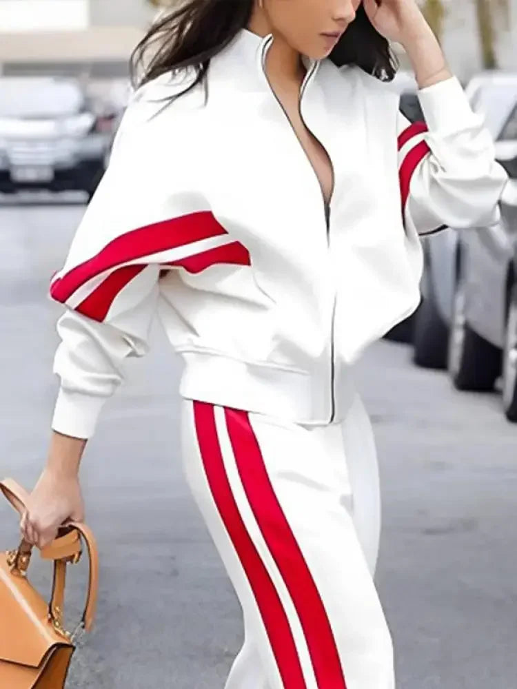 High Neck Zippered Loose Fit Jacket and High Waist Side-striped Pants (Sold Seperately)