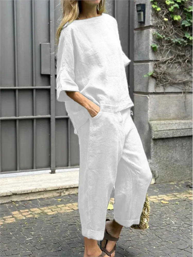 2 Piece Set - Half Sleeve O Neck Top And Loose Pocket Pant