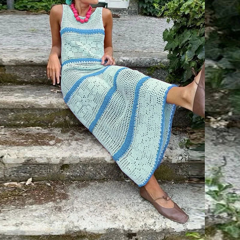 Crochet Hollow Knit Dress| Striped Sleeveless O-Neck