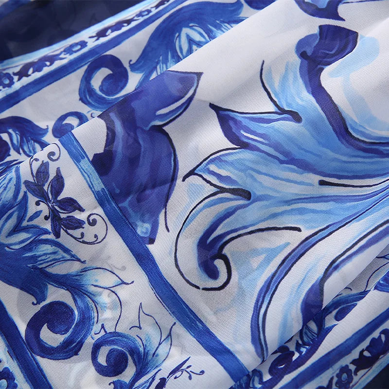 Porcelain Print Bow Cape Maxi Dress