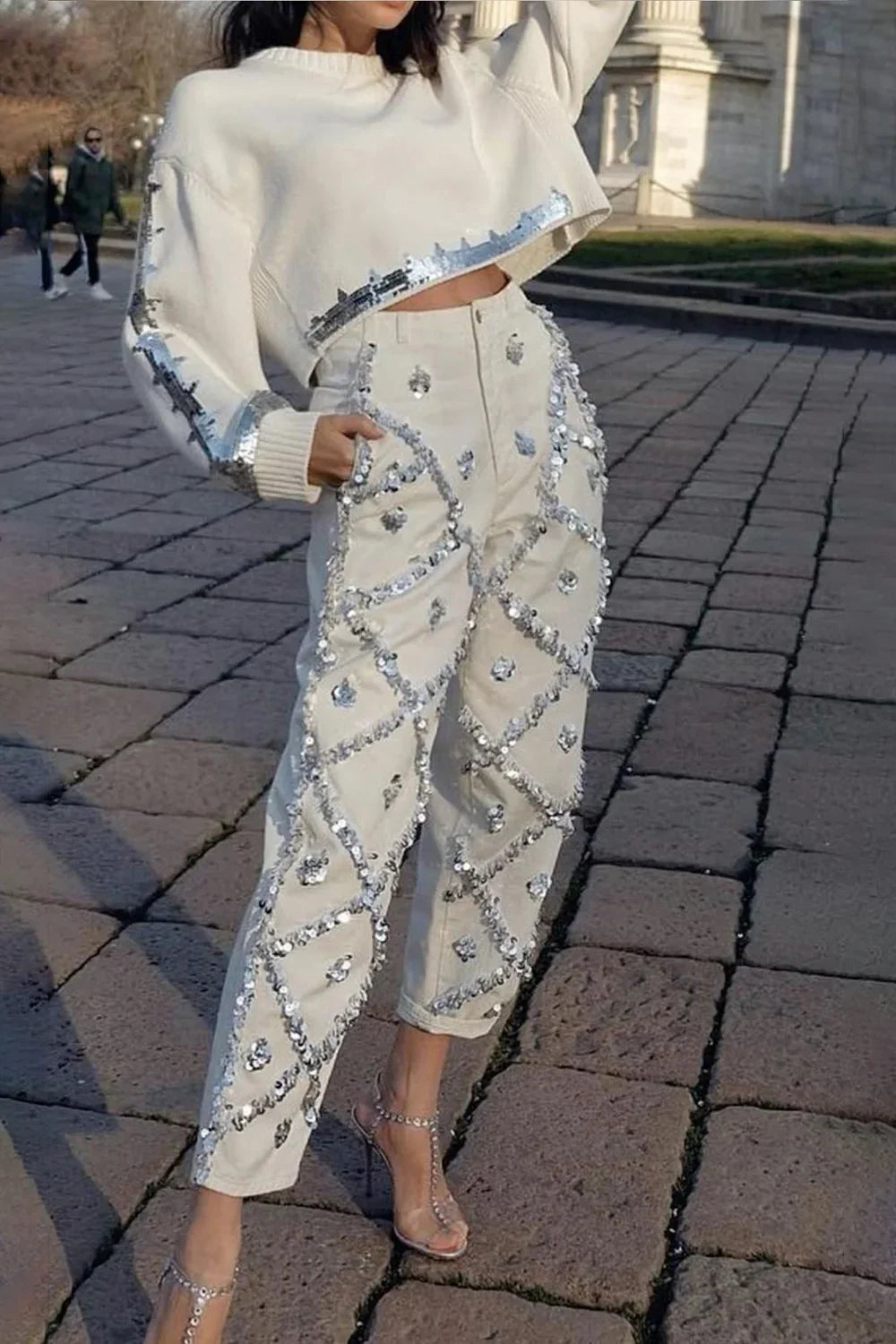 Sequin Denim Pencil Jeans High Waist Slim Fit