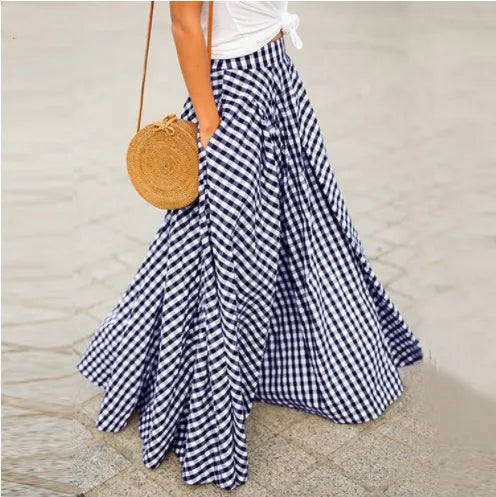 Pleated Bohemian Gingham Print A-Line Maxi Skirt with Pockets