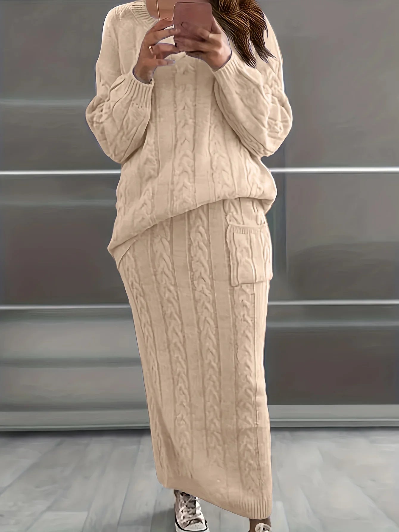 Solid Knitted Two Piece Skirt and Sweater Set for Women