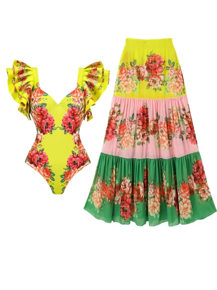 Ruffles Colorful Flower Print One Piece Swimsuit and skirt Swimwear