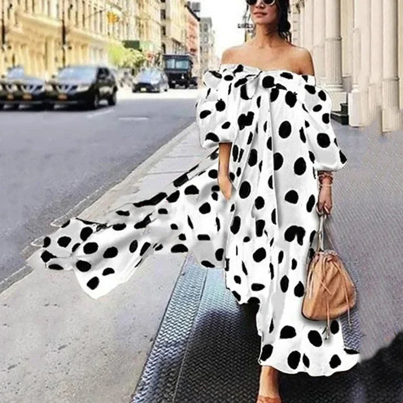 Off-Shoulder Polka Dot Maxi Dress