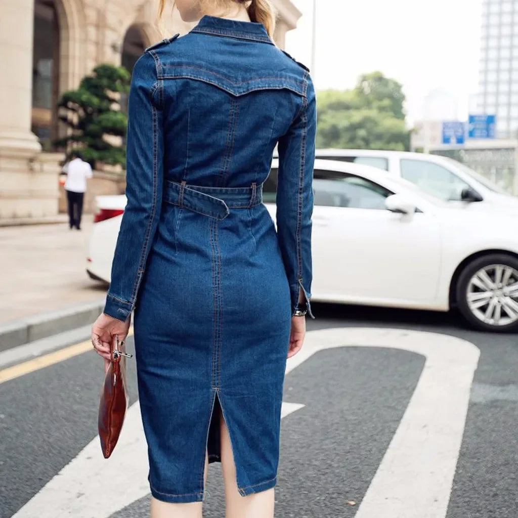 Button-Up Mid-Calf Denim Dress