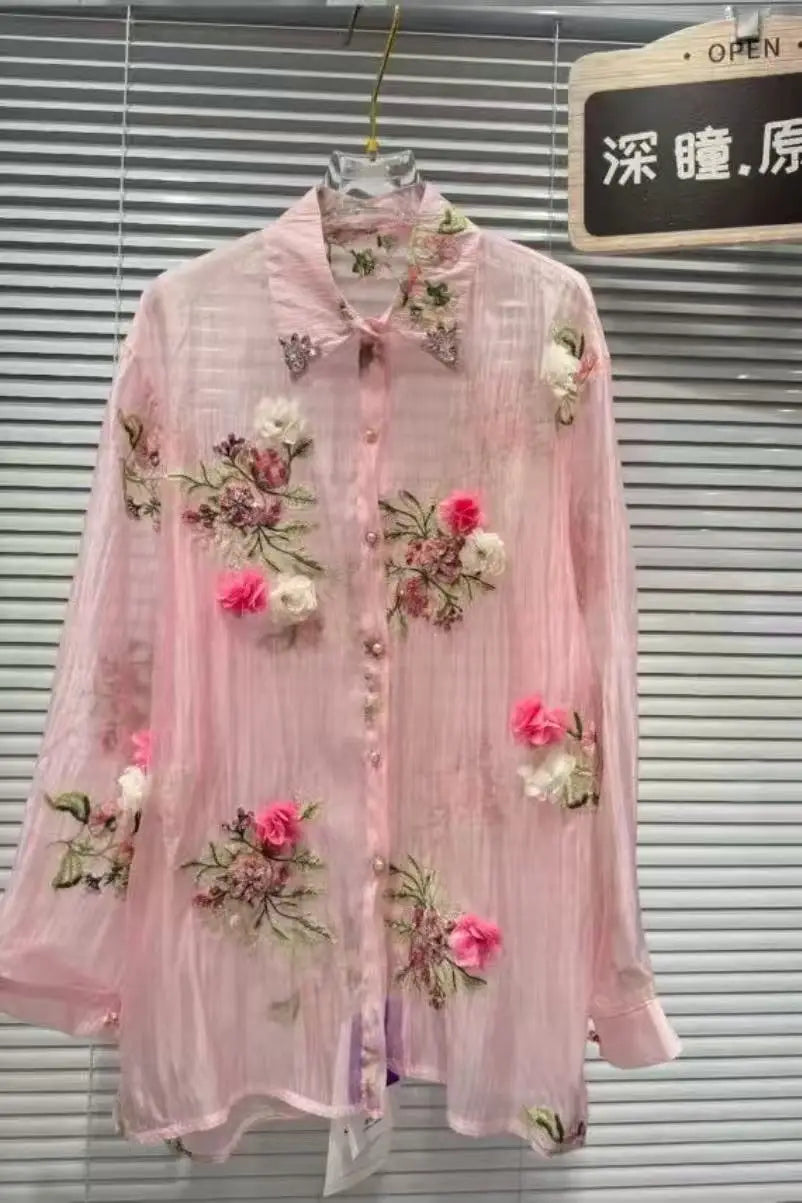 Diamonds Flowers Embroidery Long Sleeve Blouse