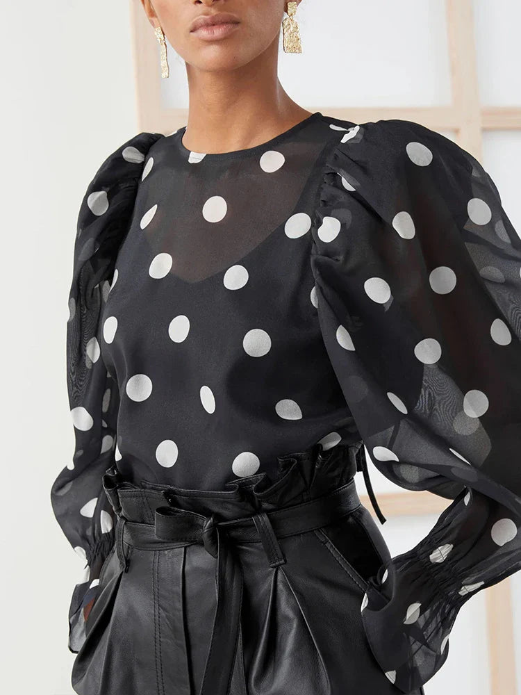 Polka Dot Chiffon Blouse | Sheer Puff Sleeve Women¡¯s Top
