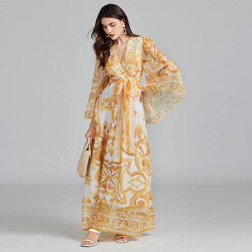 Golden White Porcelain Flower Print Maxi Dress