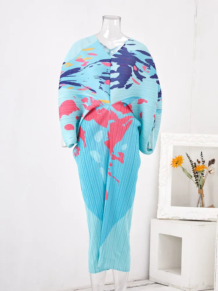 Miakiye V-Neck Batwing Sleeve Pleated Dress