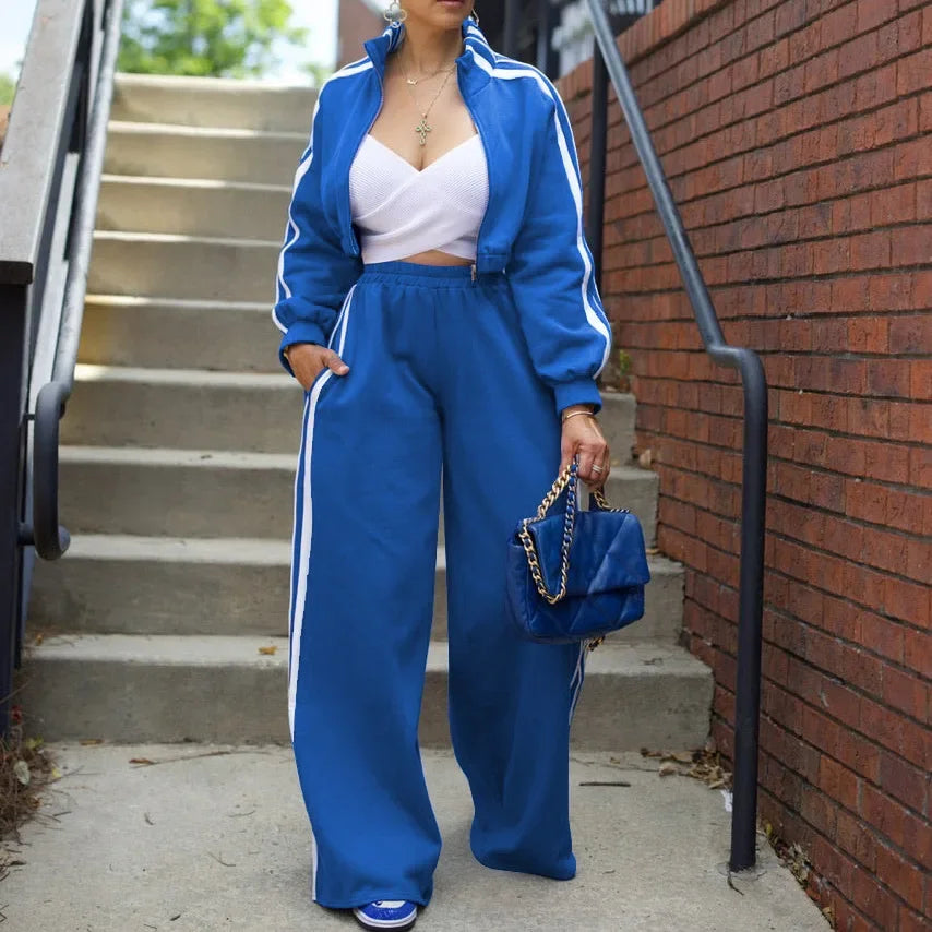 Two-Piece Tracksuit Set - Striped Side Jacket and Wide Leg Sweatpant