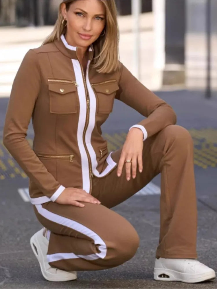 Elegant Two Piece Set - Slim Simple Zipper Top and Straight Sweatpants