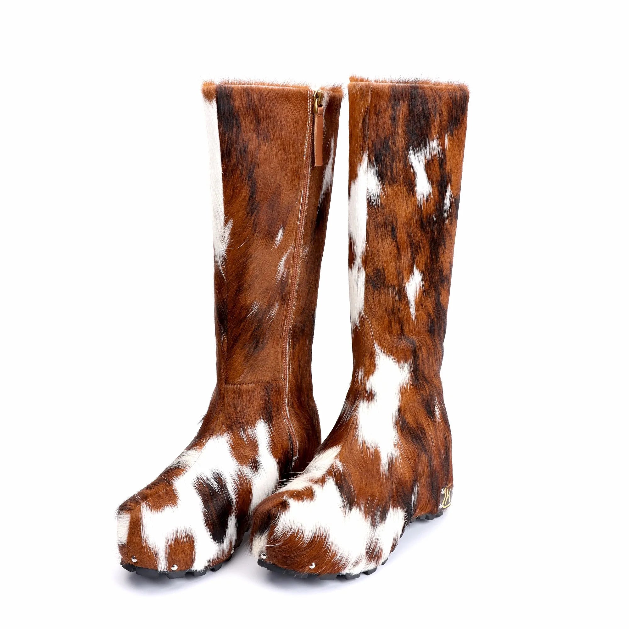 Handmade Studded Knee-High Platform Boots with Real Calf Hair