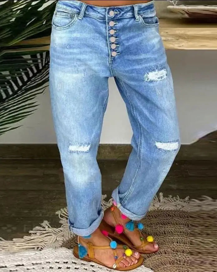 Ripped Low Waist Straight Leg Jean