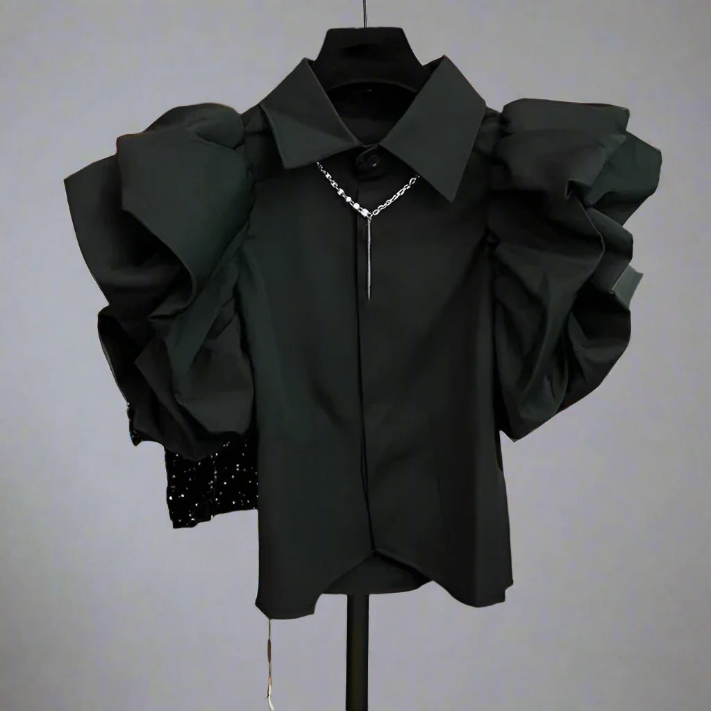 Exaggerated Ruffled Sleeve Black Slim Fit Blouses