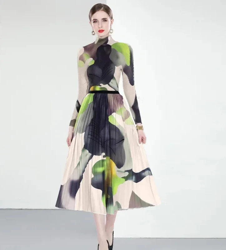 High Neck Abstract Print Midi Dress for Women