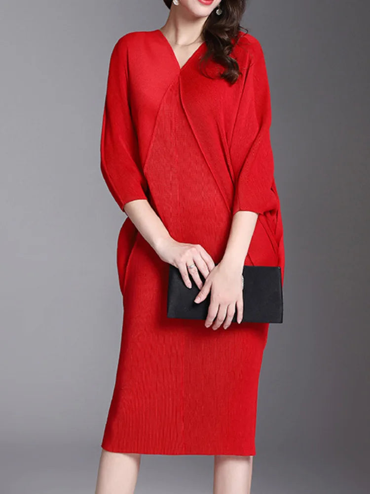 Miyake Solid Pleated Batwing Sleeve Mid-Calf Dress