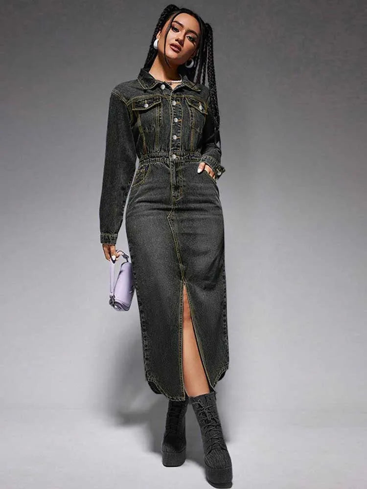 Turn-Down Collar Denim Maxi Dress