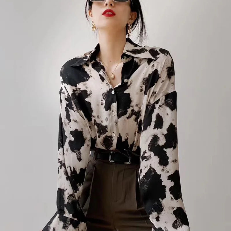 Cow Print Button Up Blouse