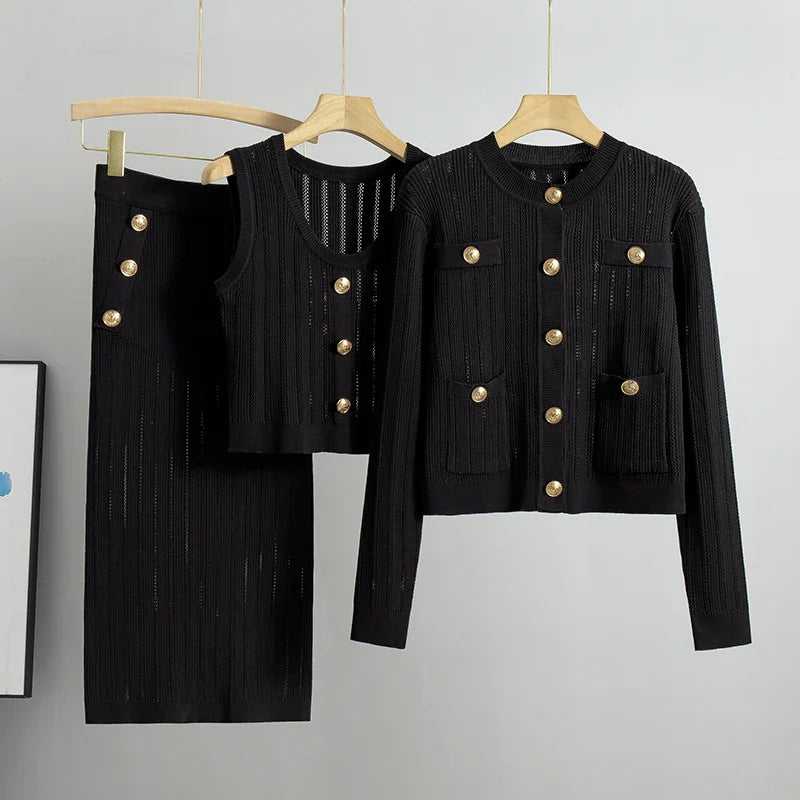 3-Piece Knitted Dress Set with Cardigan & Belt