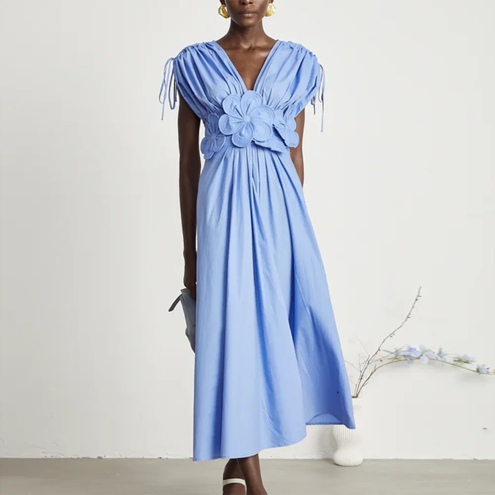 Spliced Bodice Floral Applique Spring Dress