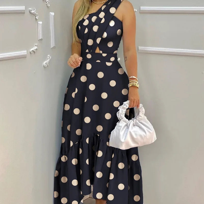 Polka Dot Sleeveless Cross-Waist Dress