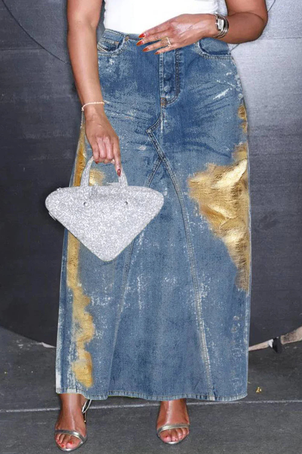 Blue Long Denim Skirt with Metallic