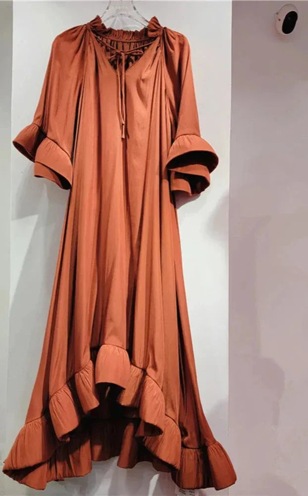 Elegant Lacey Pleated Dress with Flared Sleeves