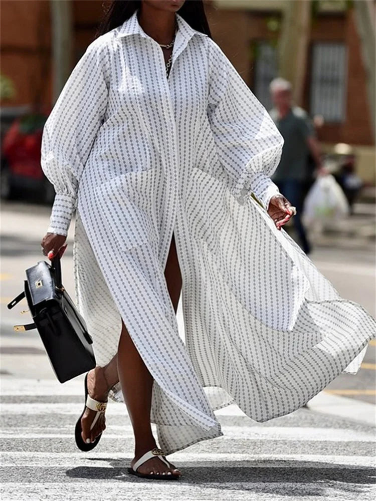 Buttoned Split-Side Cotton Maxi Shirt Dress