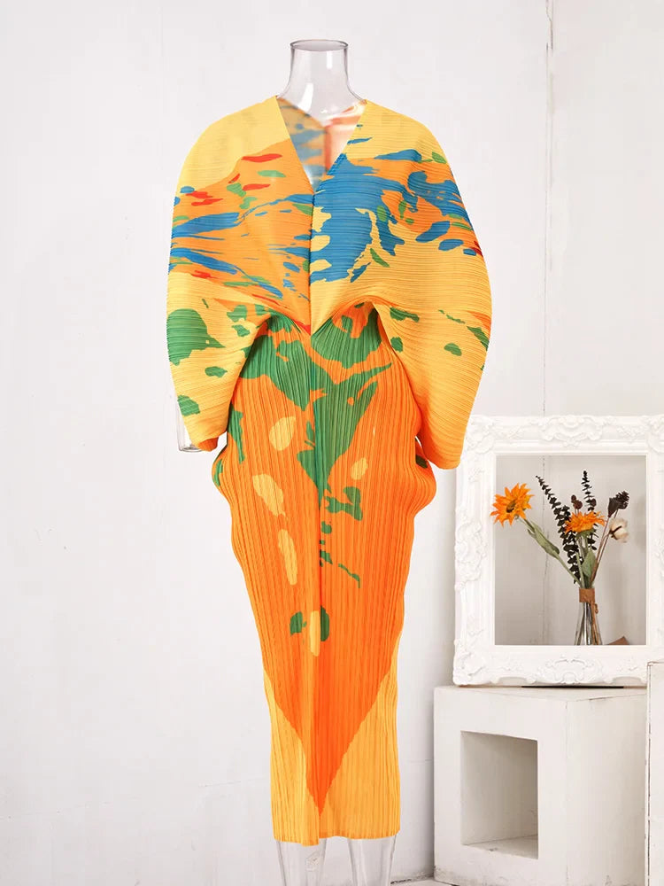 Miakiye V-Neck Batwing Sleeve Pleated Dress